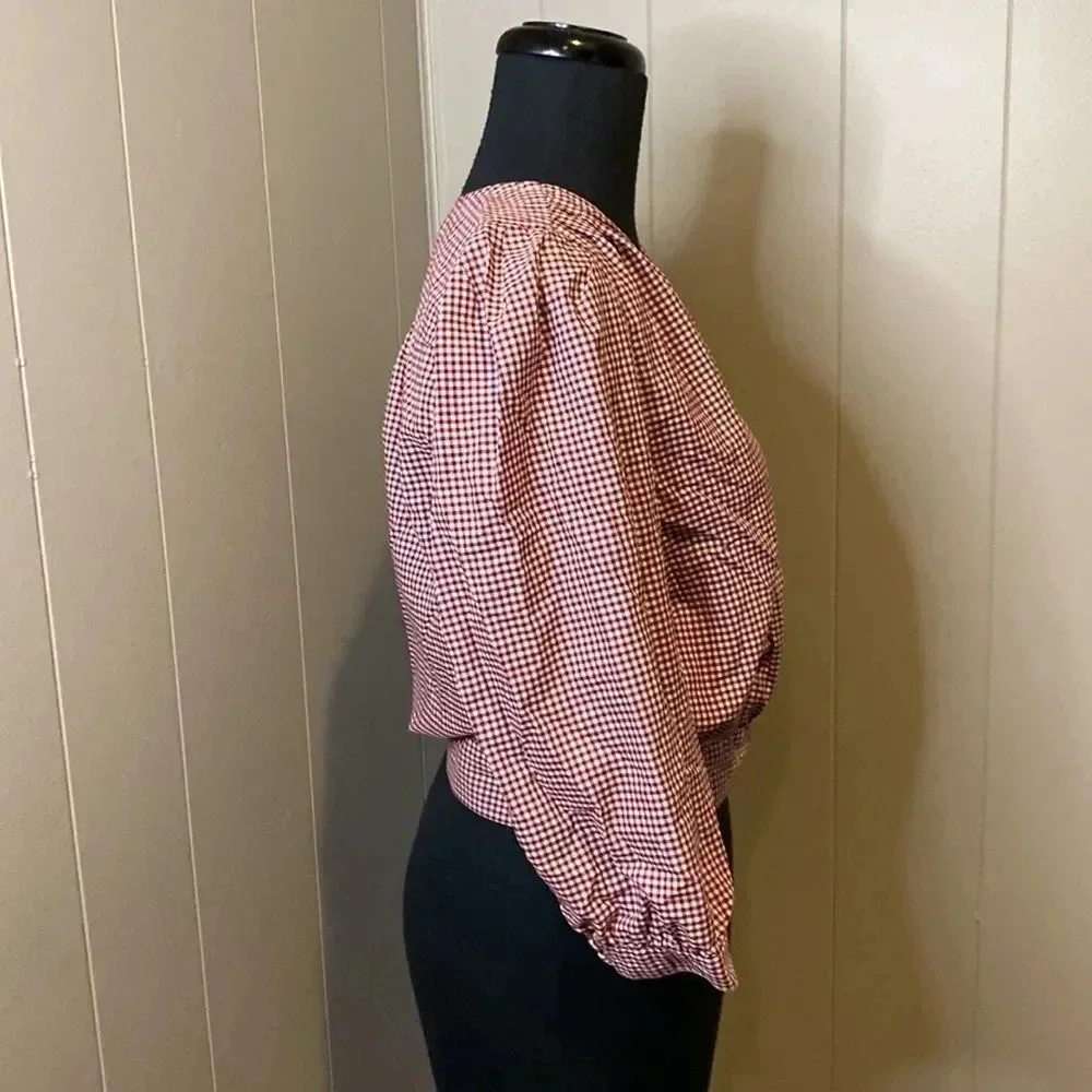 Madewell Small Red Gingham Check Wrap Top Tie Waist 3/4 Sleeves V-Neck - Picture 3 of 9
